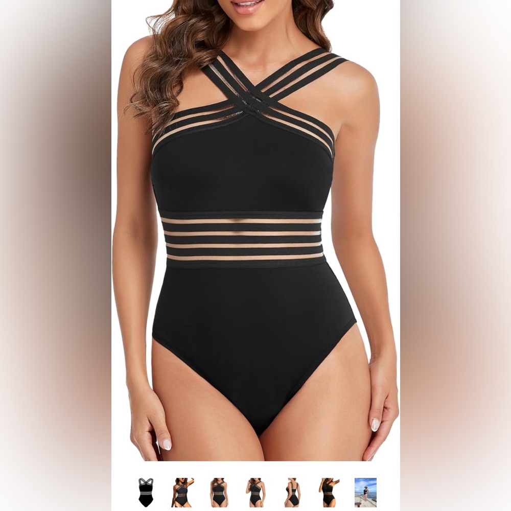 Black Mesh Stripe One-Piece Swimsuit Slimming High Waisted Monokini - NWT